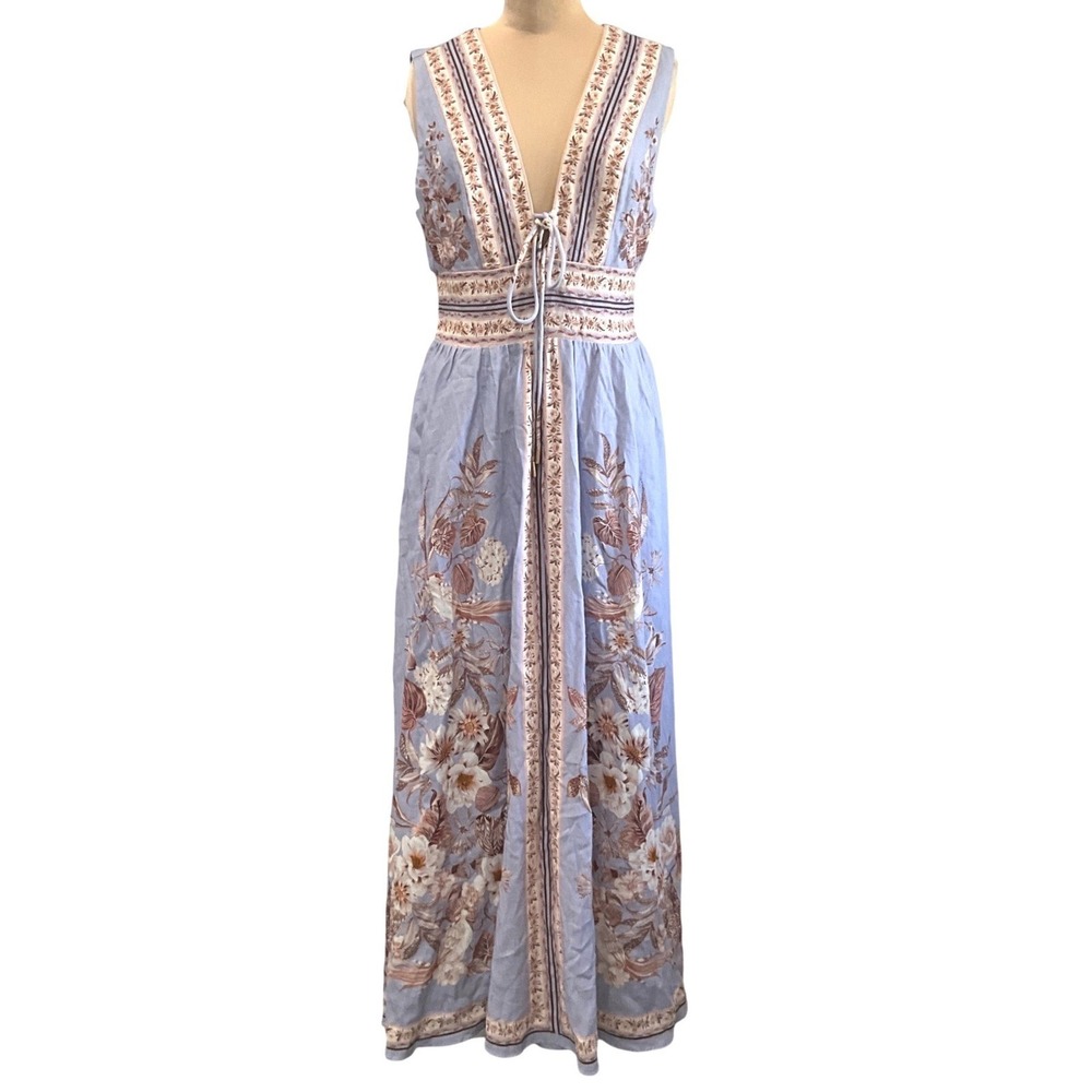 Caroline Constas Grecian Floral Linen Blend Maxi Dress Blue Boho Pokets S NWT - Picture 2 of 15